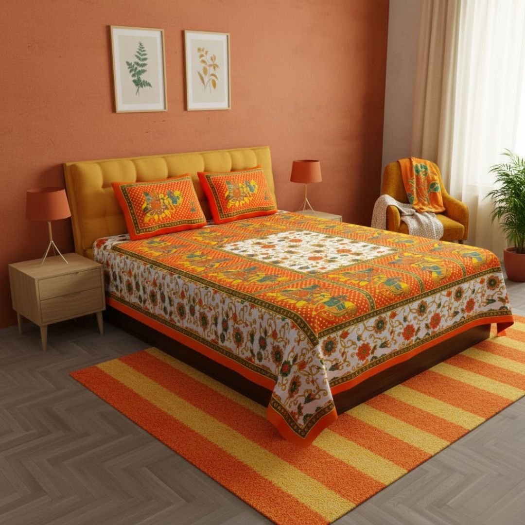 Orange Big Elephant Printed Cotton Double Bed Sheet